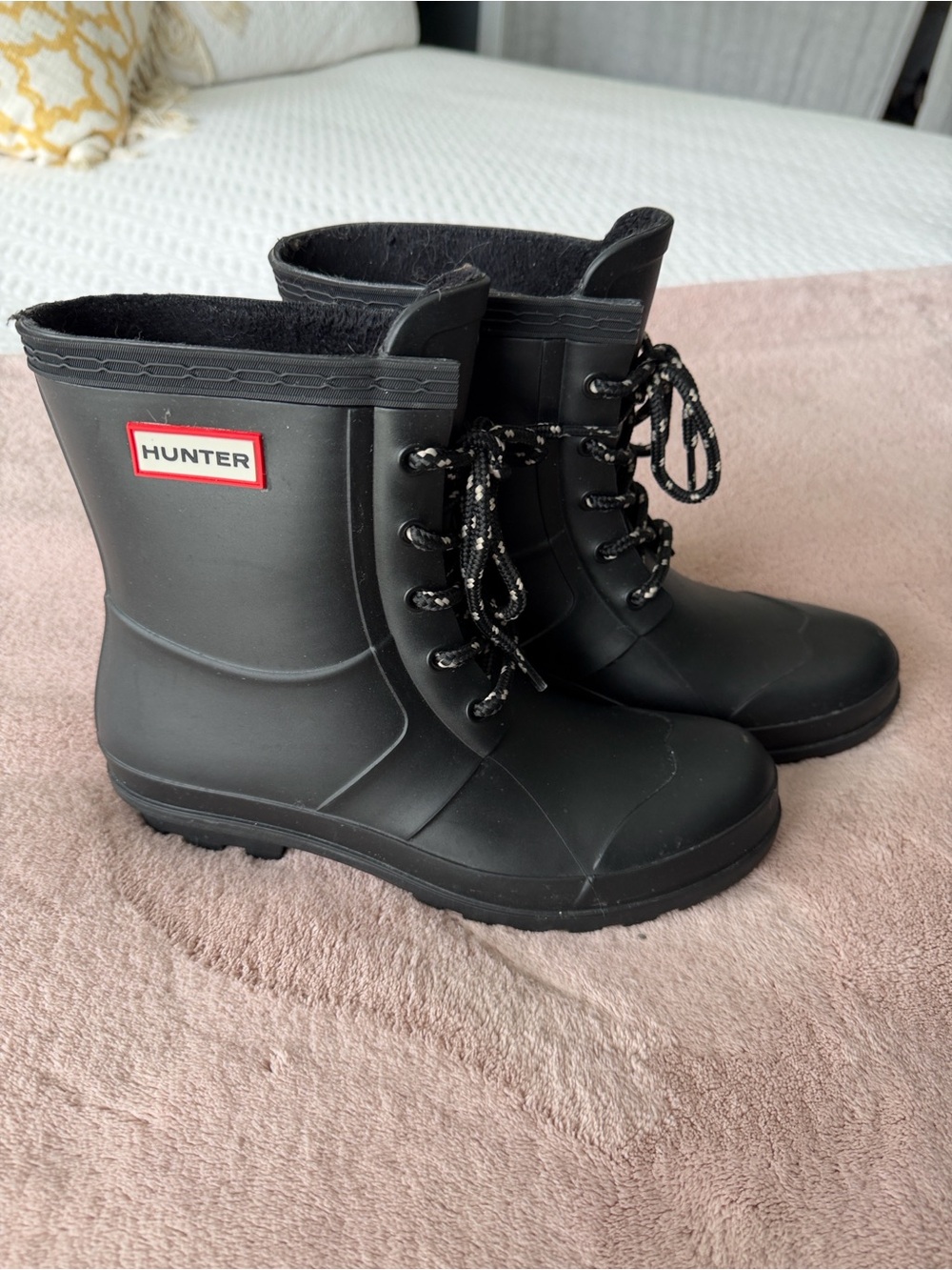Hunter Black Lace-Up Short Waterproof Rain Boots